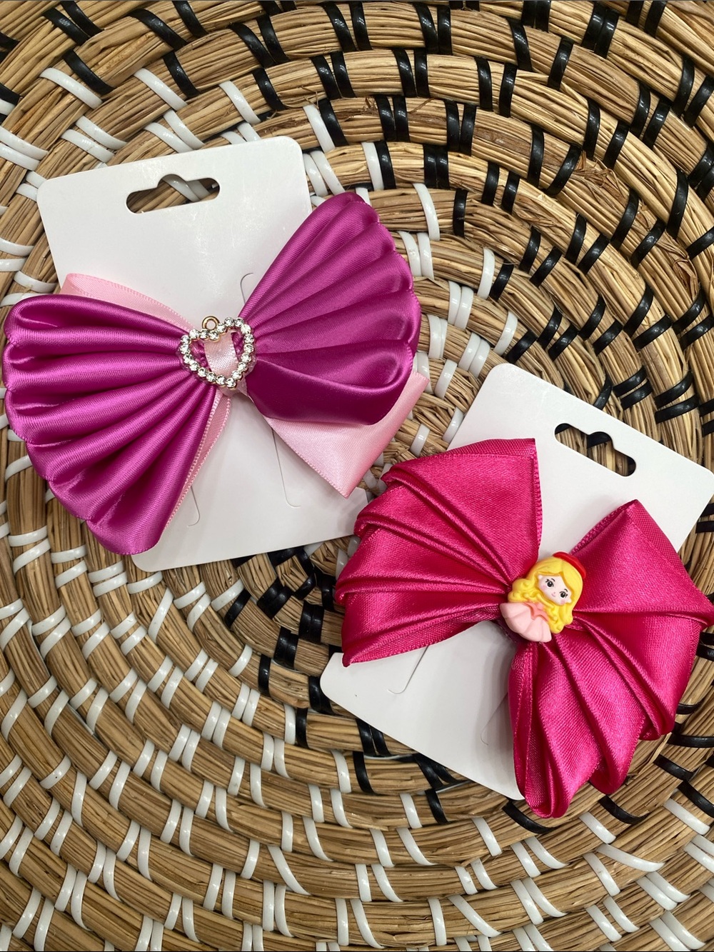 Kids Pink Satin Bow Hair Clips with Heart & Doll Accents